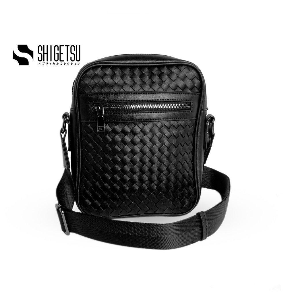 Shigetsu TAMURA Leather Sling Bag for men black woven crossbody bag