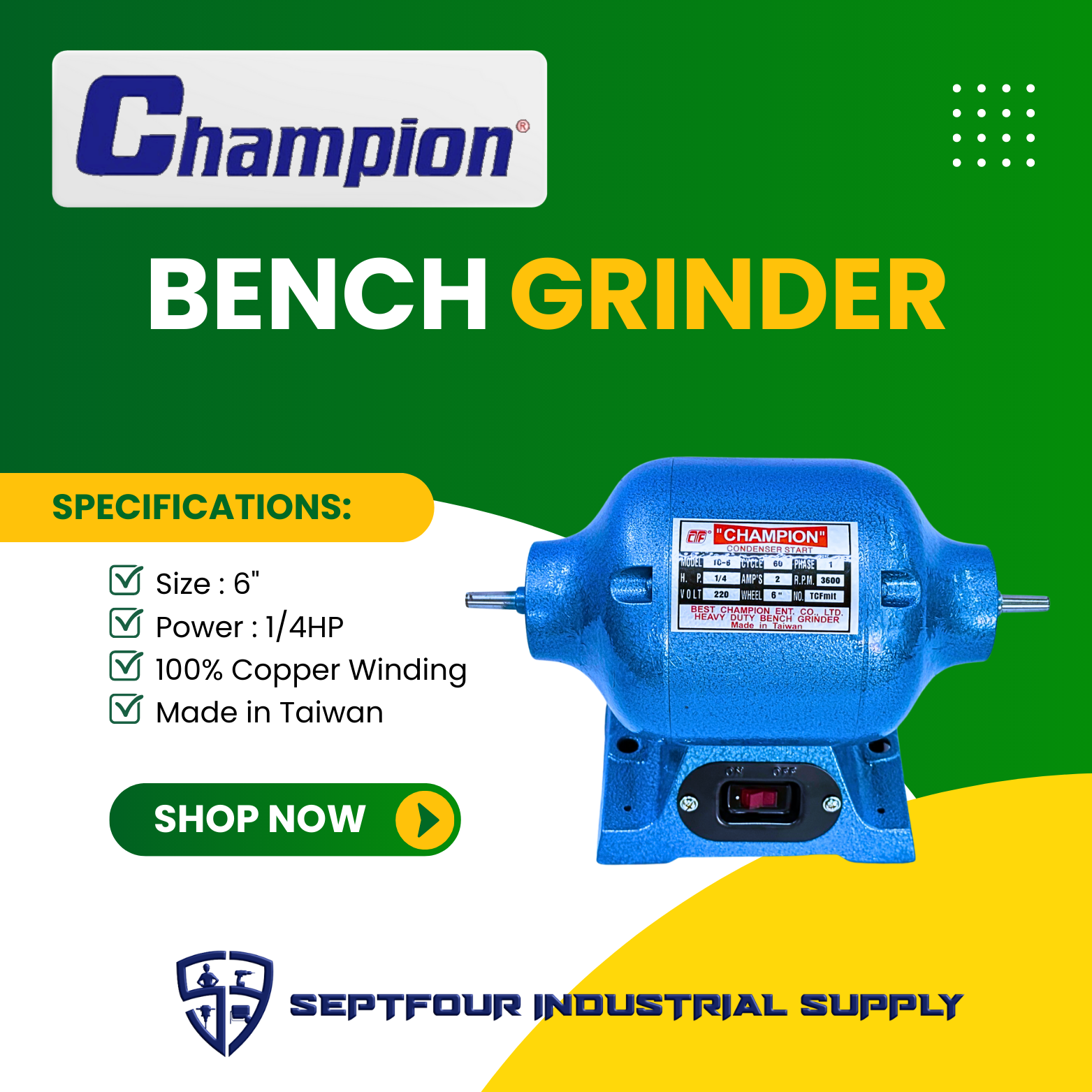 Champion Bench Grinder 6" (Dental) TC6 (Original) Made in Taiwan