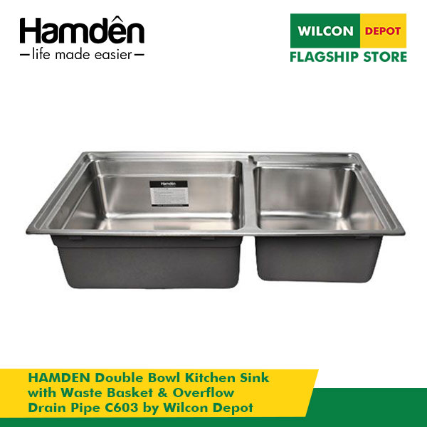 HAMDEN Double Bowl Kitchen Sink with Waste Basket & Overflow Drain Pipe