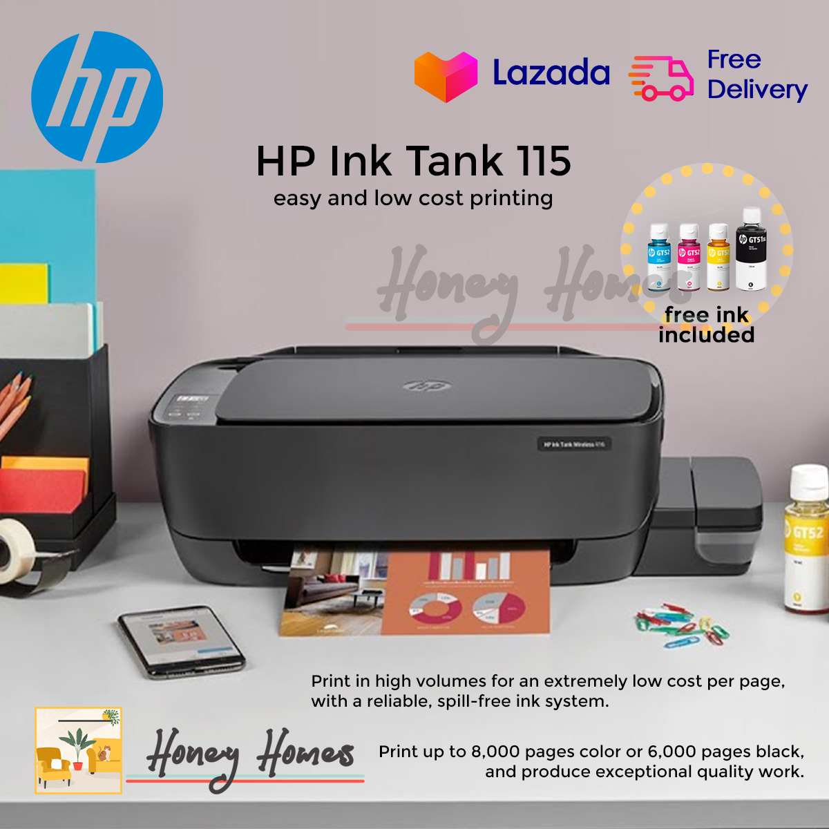 HP Ink Tank 115 Low Cost Printer with FREE INK, Affordable Continuous
