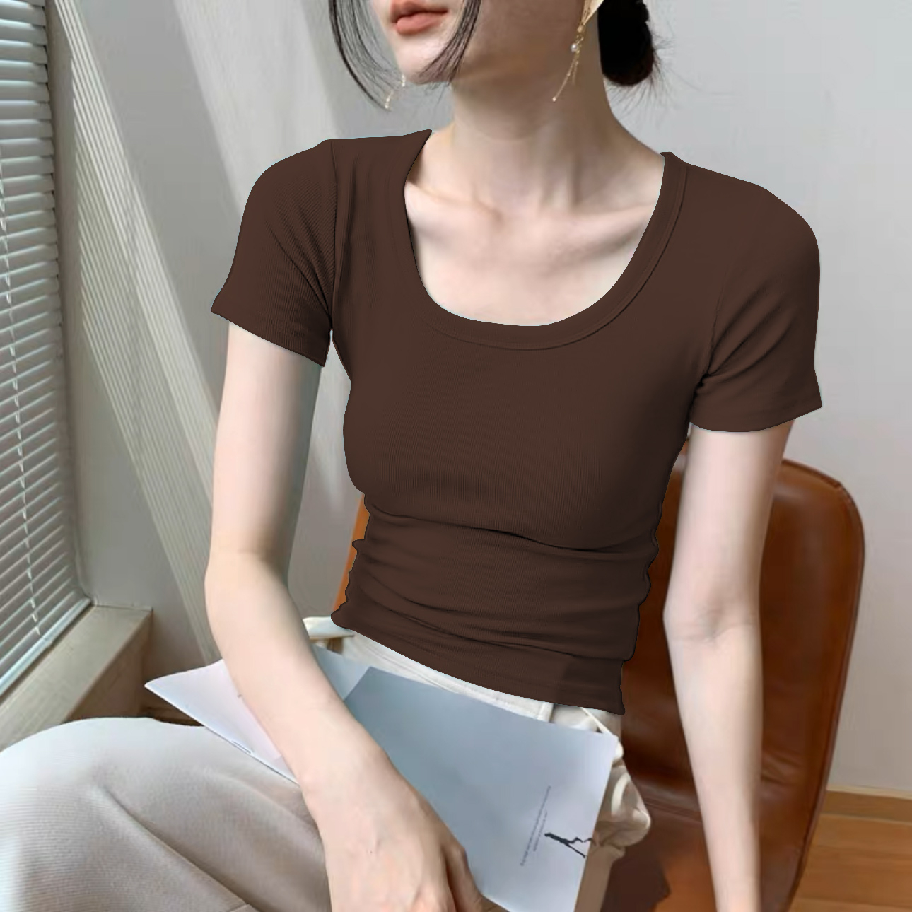 Basic T Shirt Square Neck Short Sleeve Tee Tops | Lazada PH