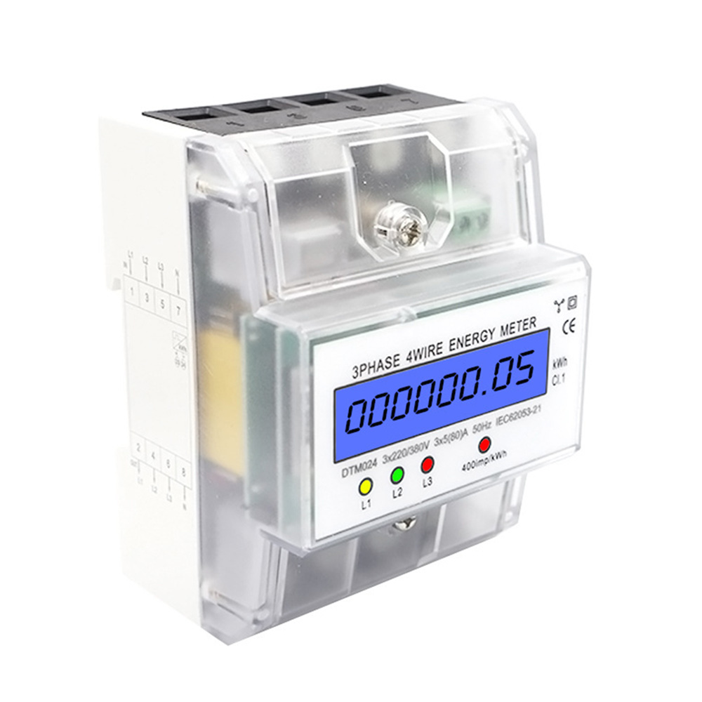DTM024 DIN RailMounted Energy Meter 3 Phase 4 Wires AC 220380V 580A Energy Consumption kWh LCD