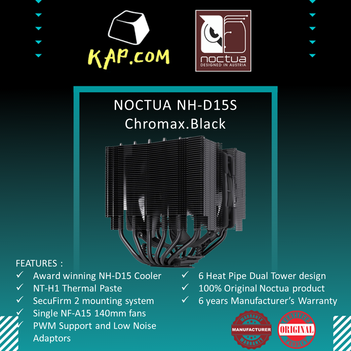 Noctua NH-D15S chromax.Black, Premium Dual-Tower CPU Cooler with NF-A15 PWM  140mm Fan (Black)