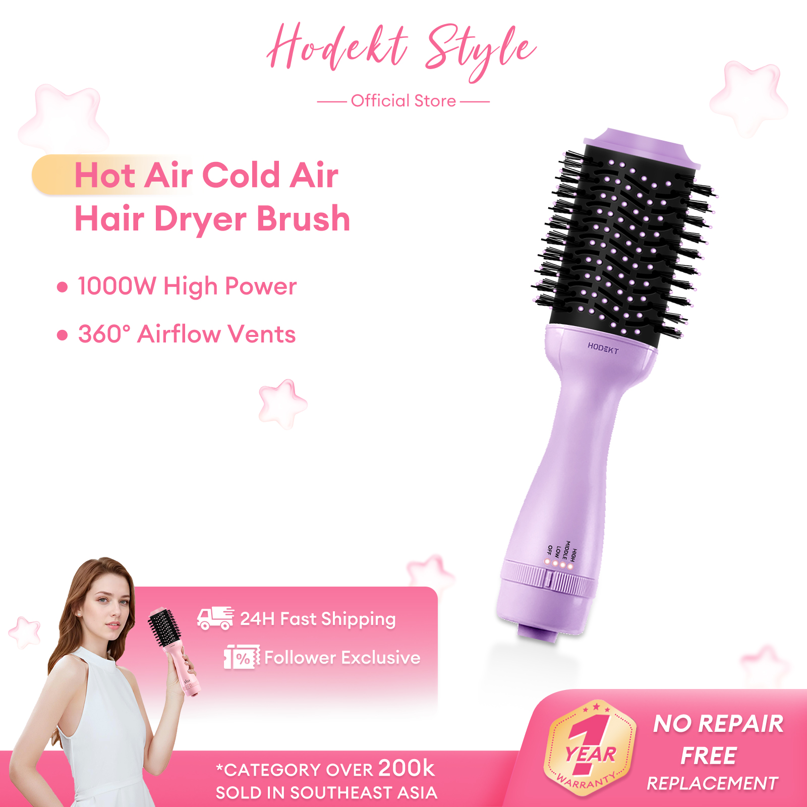 HODEKT Hot Air Cool Air Brush Comb Hair Curler Hair Dryer In