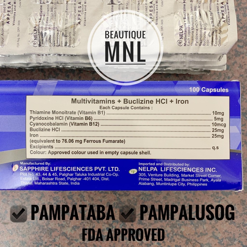 Multivitamins Buclizine HCl Iron APPESAPH Appetite Stimulant Pampataba Weight Gain 10 capsules