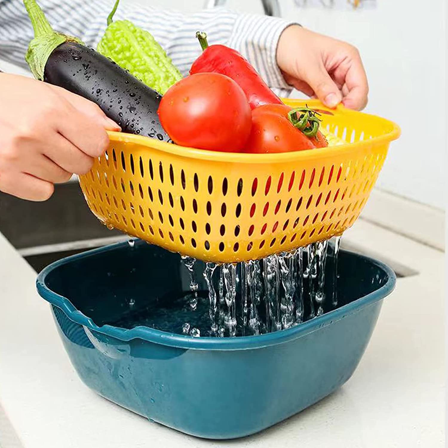  Fufafayo Six-Piece Kitchen Washbas in Double-Layer Basket  Vegetable and Fruit Multi-Functional Plastic Washing Basket Strainers for  Kitchen Strainer with Bowl My Orders Food Strainers (Blue) : Home & Kitchen