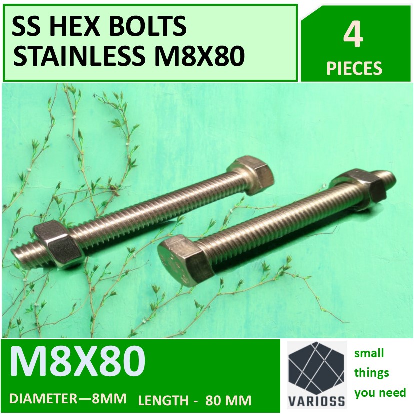 SS Hex Bolts M8X80 Mm - 4 Pcs, 8 Mm Diameter X 80 Mm Length Stainless ...