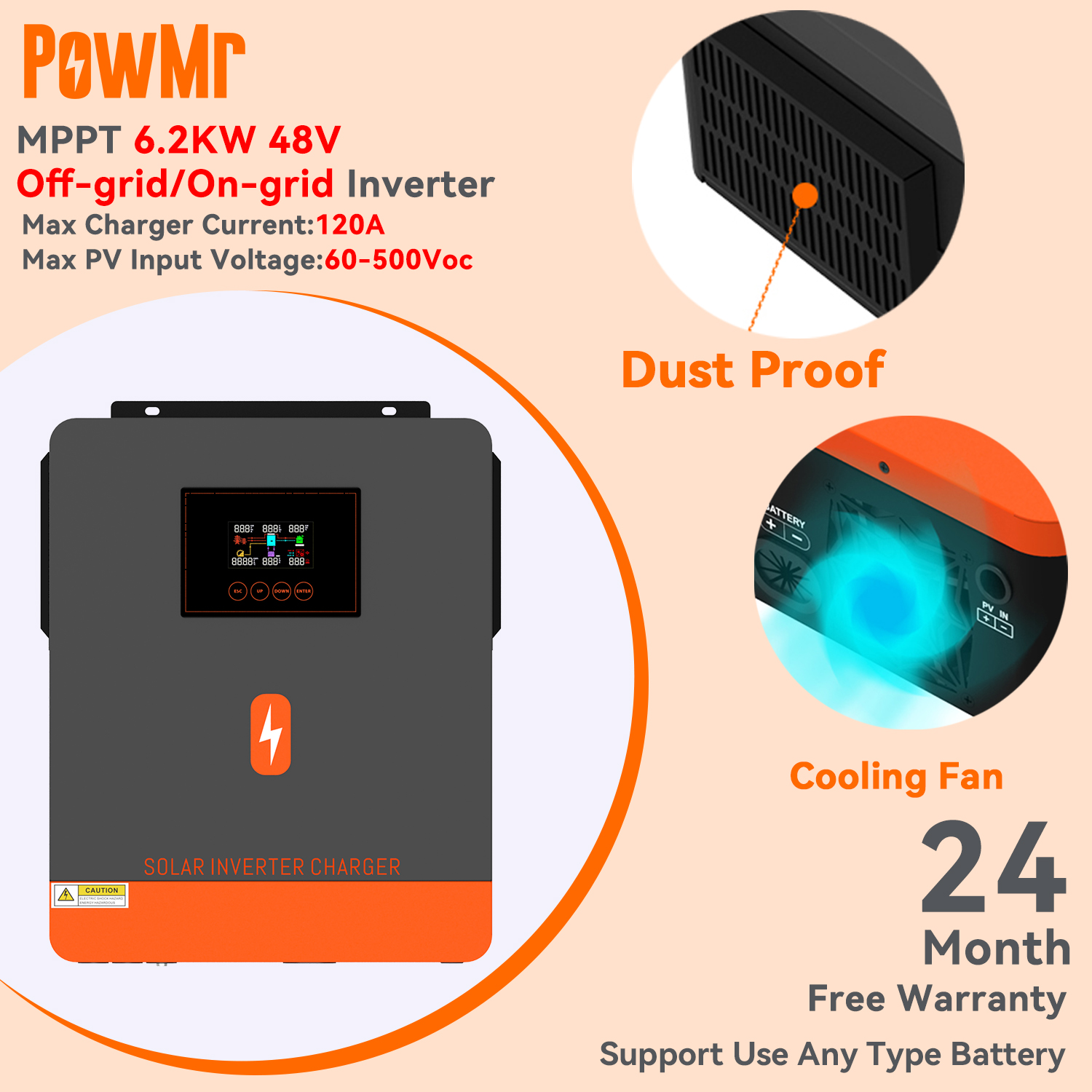 PowMr 6.2kw On-grid/Off-grid hybrid inverter 48Vdc PV Input 500vdc Pure  Sine Wave Solar Inverter 120A Solar Controller Lithium Battery RGB Light