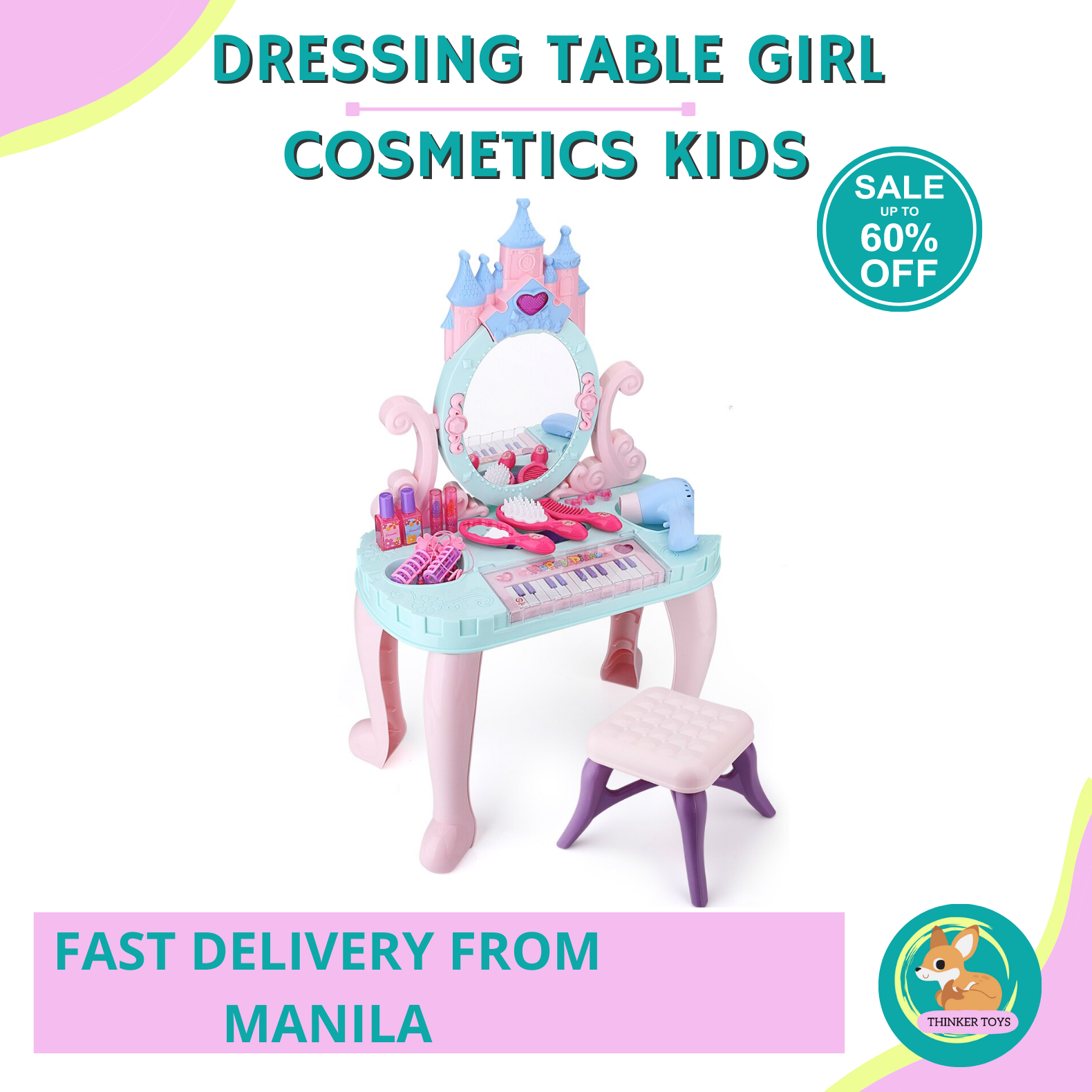 [TKT] Beautiful Castle Piano Dresser Mirror Table with Chair Children's