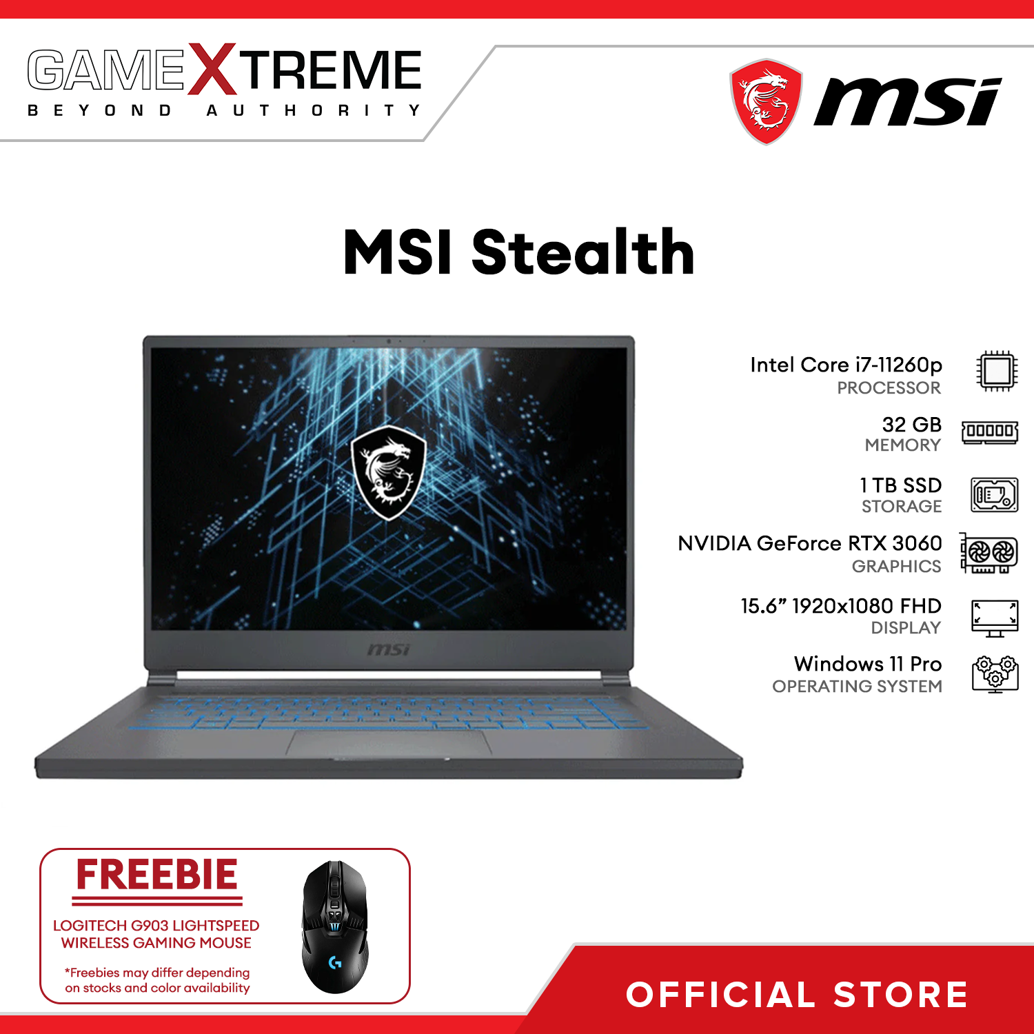 MSI Stealth FHD 15M Gaming Laptop i7-1260P 32GB 1TB SSD