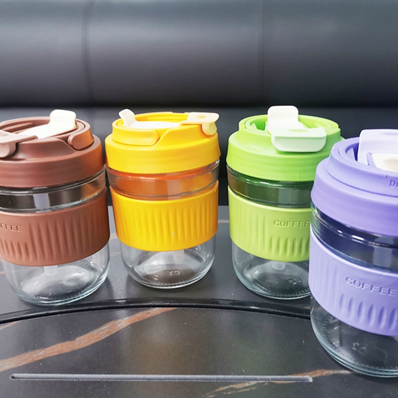bea 400ml Glass Travel Coffee Mug with Lid and Straw Portable To Go