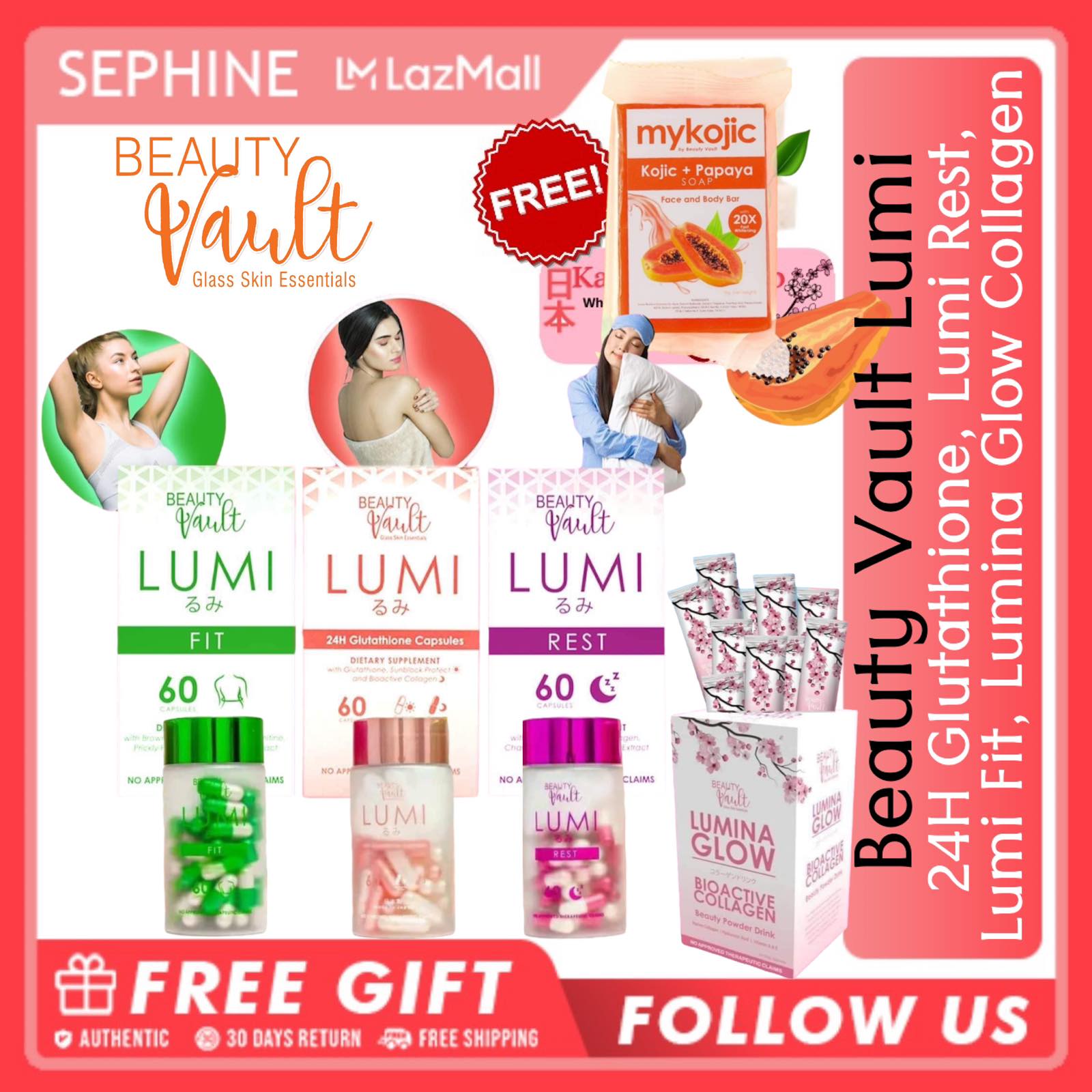 Lumi 24Hr GLUTATHIONE CAPSULES W/ SUNBLOCK PROTECT || LUMI FIT || LUMI REST  || LUMINA GLOW BIO-ACTIVE COLLAGEN || FREE MY KOJIC SOAP (LIMITED TIME  OFFER) | Lazada PH