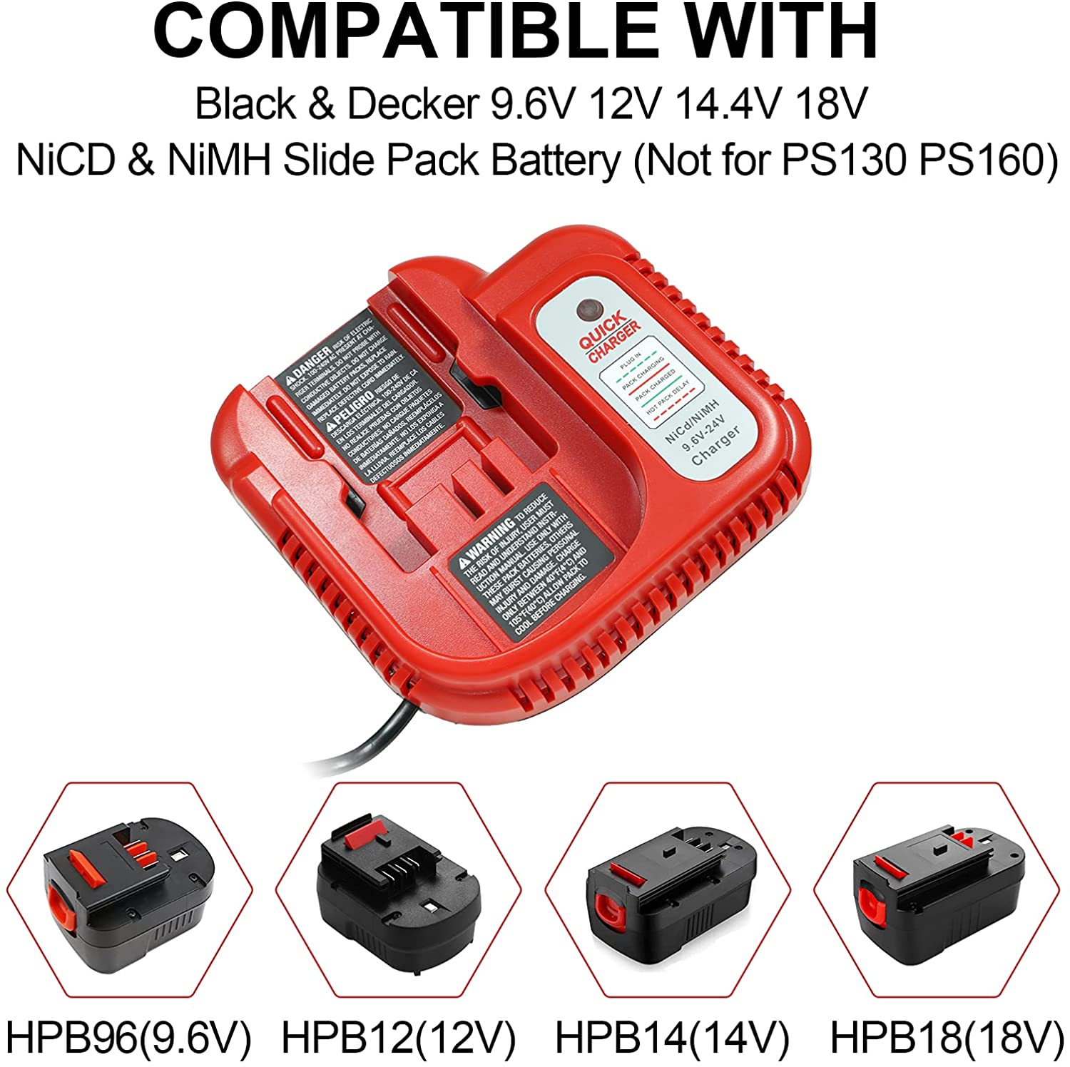Replacement Battery Charger for Black&Decker 24V 18V 14.4V 12V 9.6V NiCD  NiMH Battery Fast
