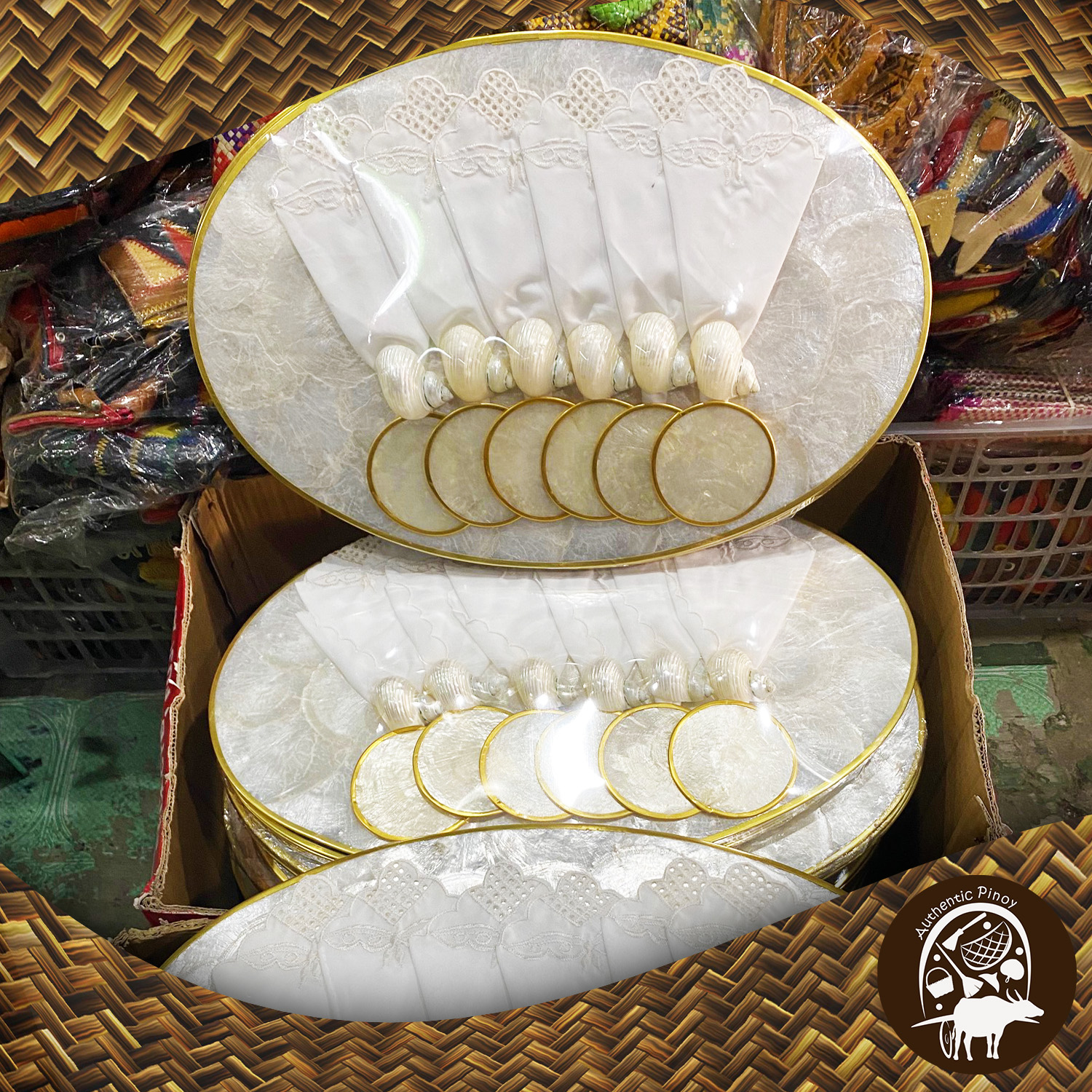 Set of 6 each Capiz Shell Placemats, Coasters, Table Napkin & Table