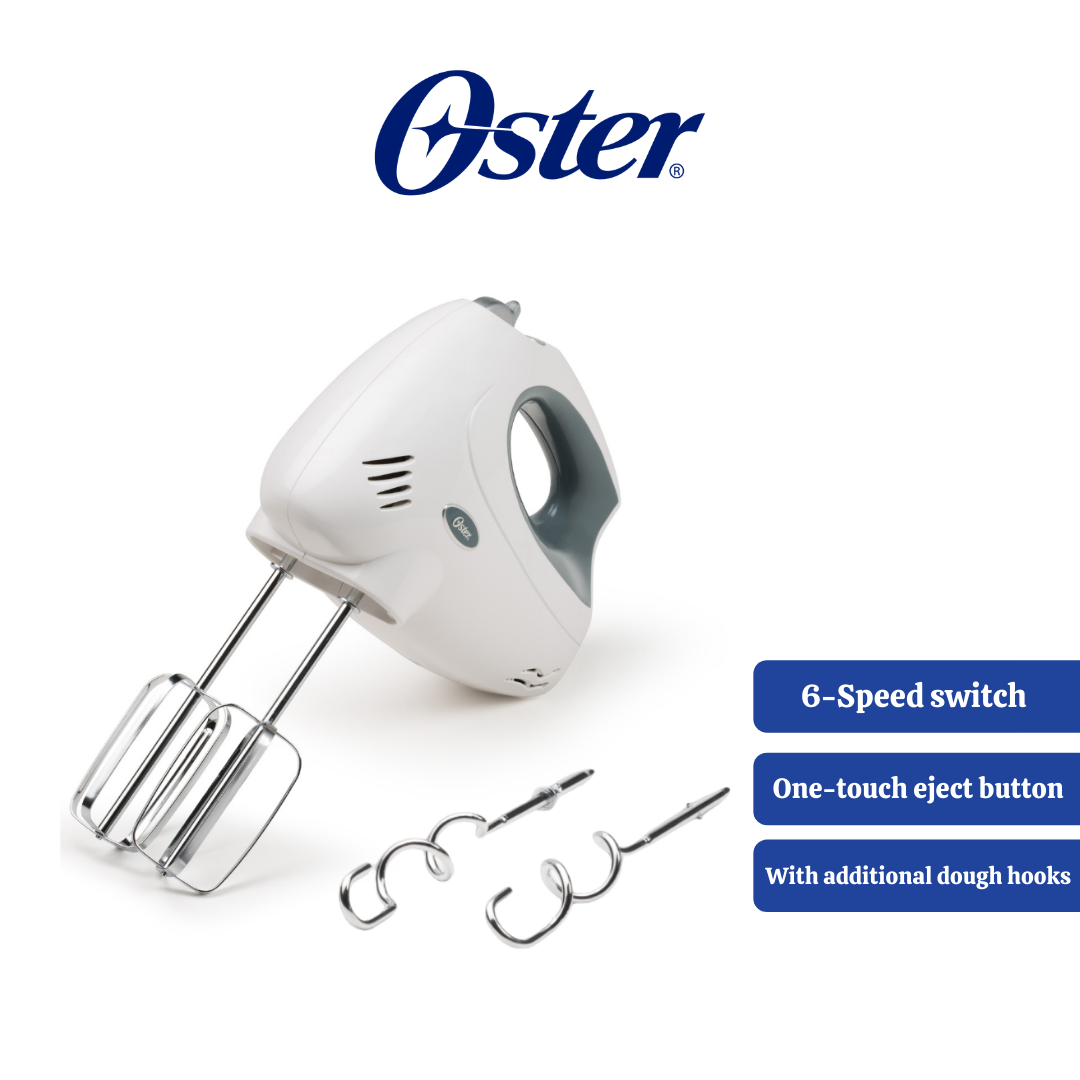 Oster 6-Speed Hand Mixer with Chrome Plated Beaters and Dough Hooks, 250  watts (Portable Baking Electric Mixer for Baking)
