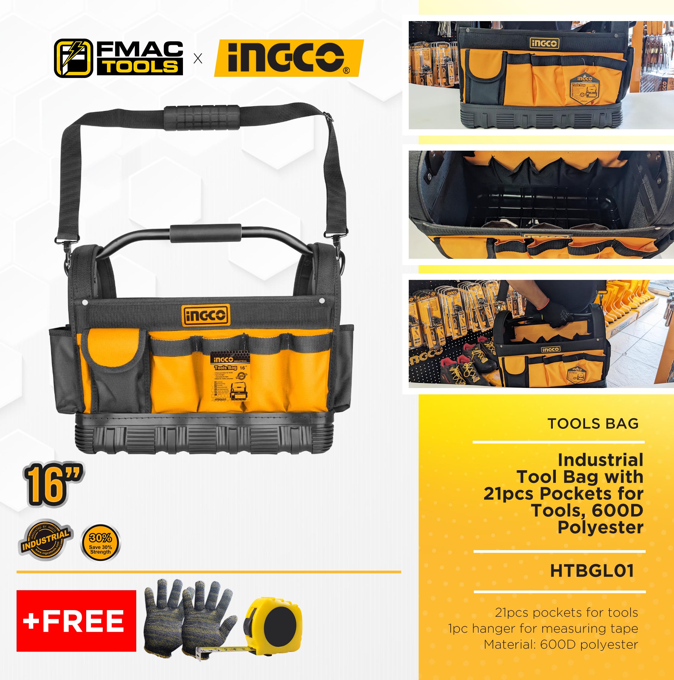 INGCO Tool Bag with 21pcs Pockets for Tool, 600D Polyester 16