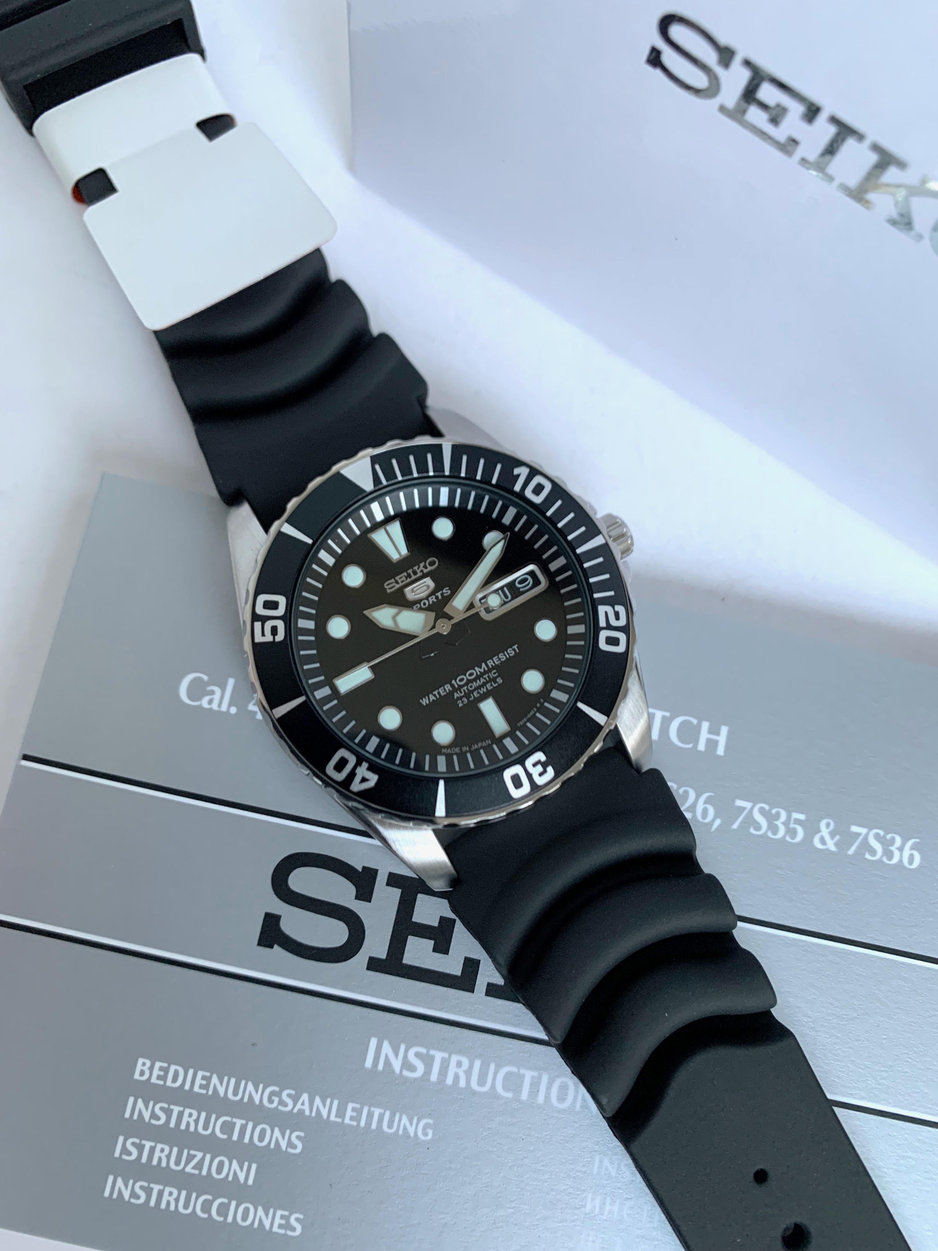 Seiko 5 Sports SNZF17J2 Automatic Black Dial Black Leather Strap