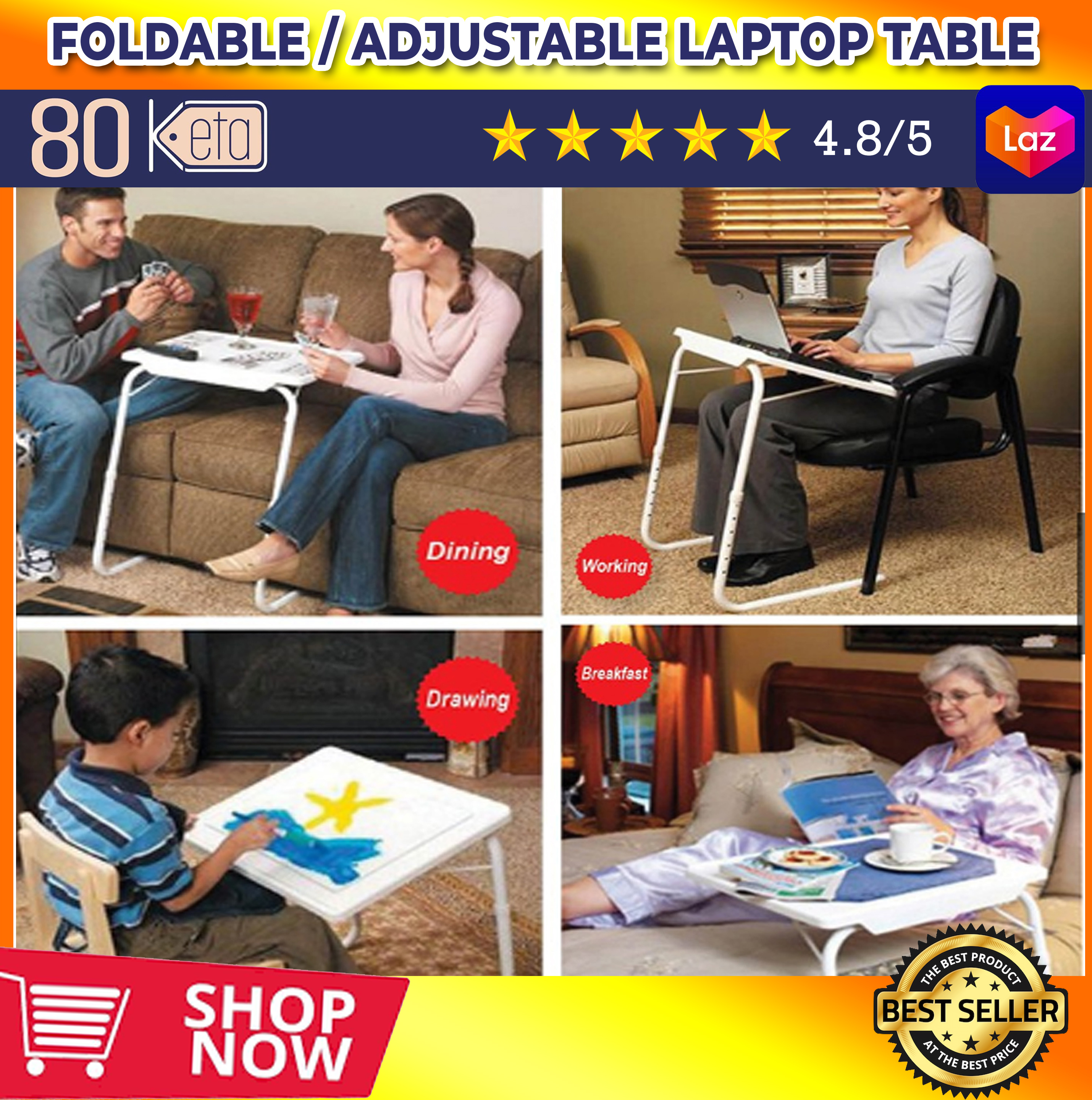 Multi Purpose Working Comfortable Small Side Tray Table Portable Laptop Table Foldable Online Class Bed Side Table Work Office Table Home Sofa Table With 6 Height 3 Tilt Angle Adjustments White