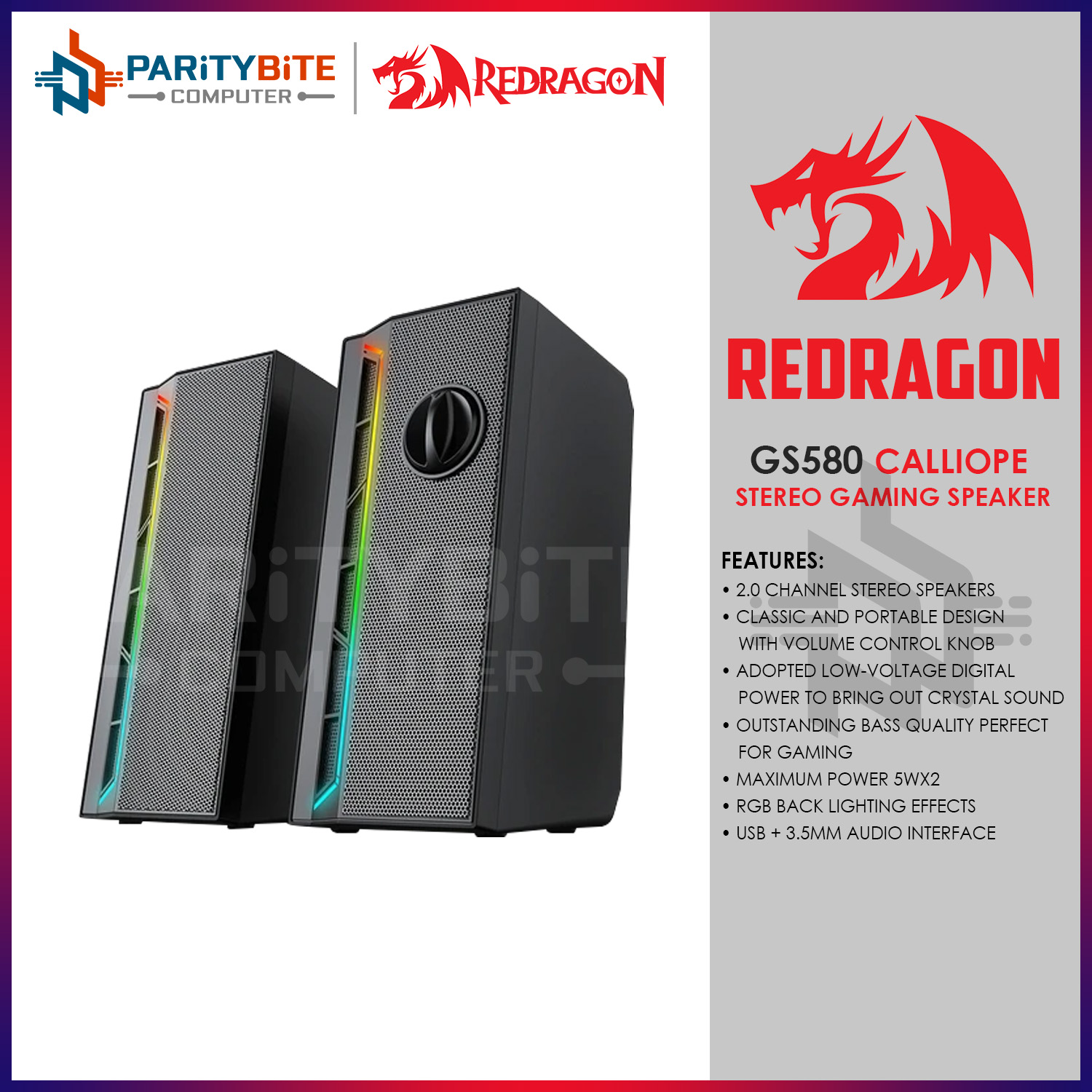 REDRAGON Calliope GS580 3.5 milímetros aux 2.0 stereo surround música RGB  barra de som para computador