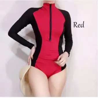 red long sleeve one piece swimsuit