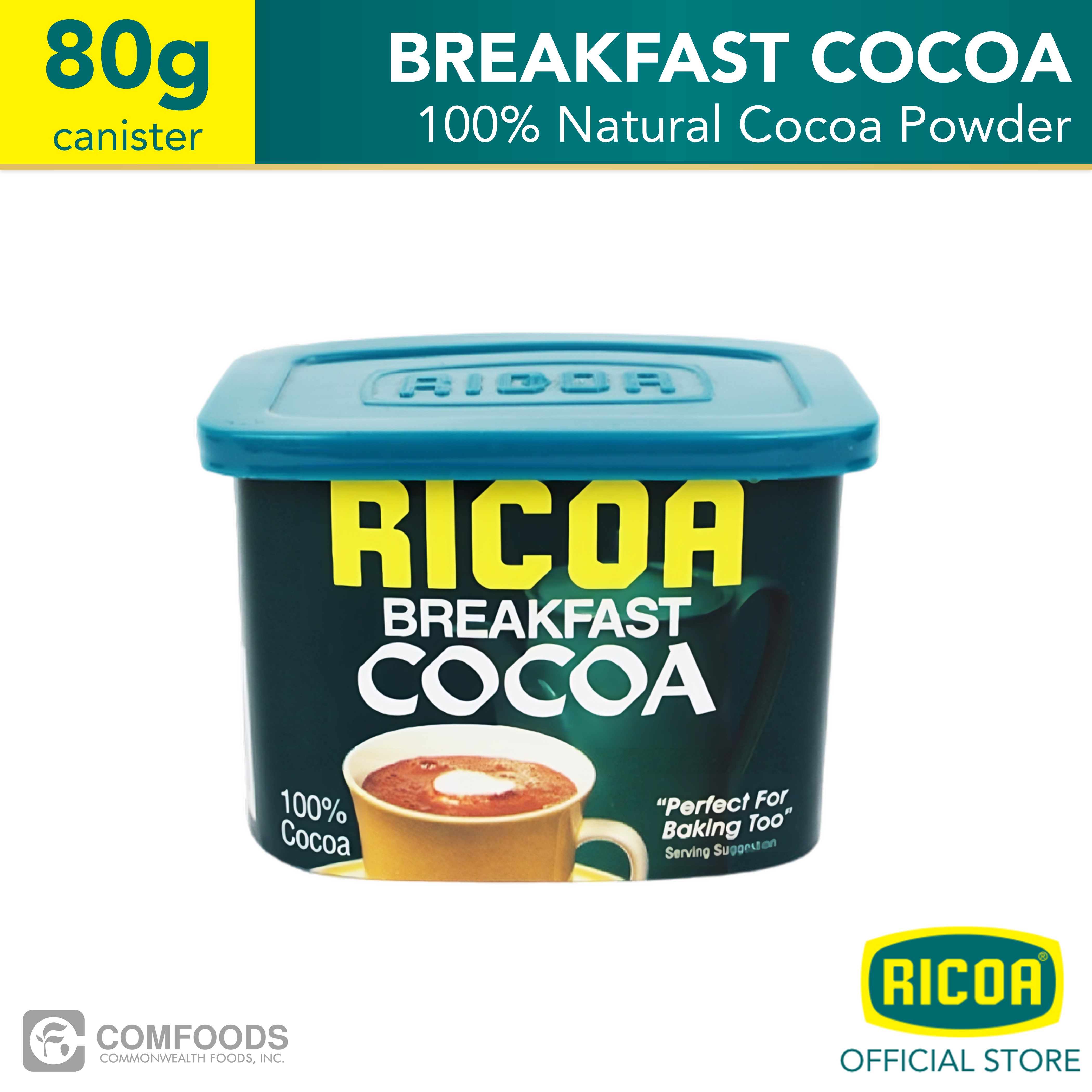 RICOA Breakfast Cocoa in Canister 80g 100 Natural Cocoa Powder