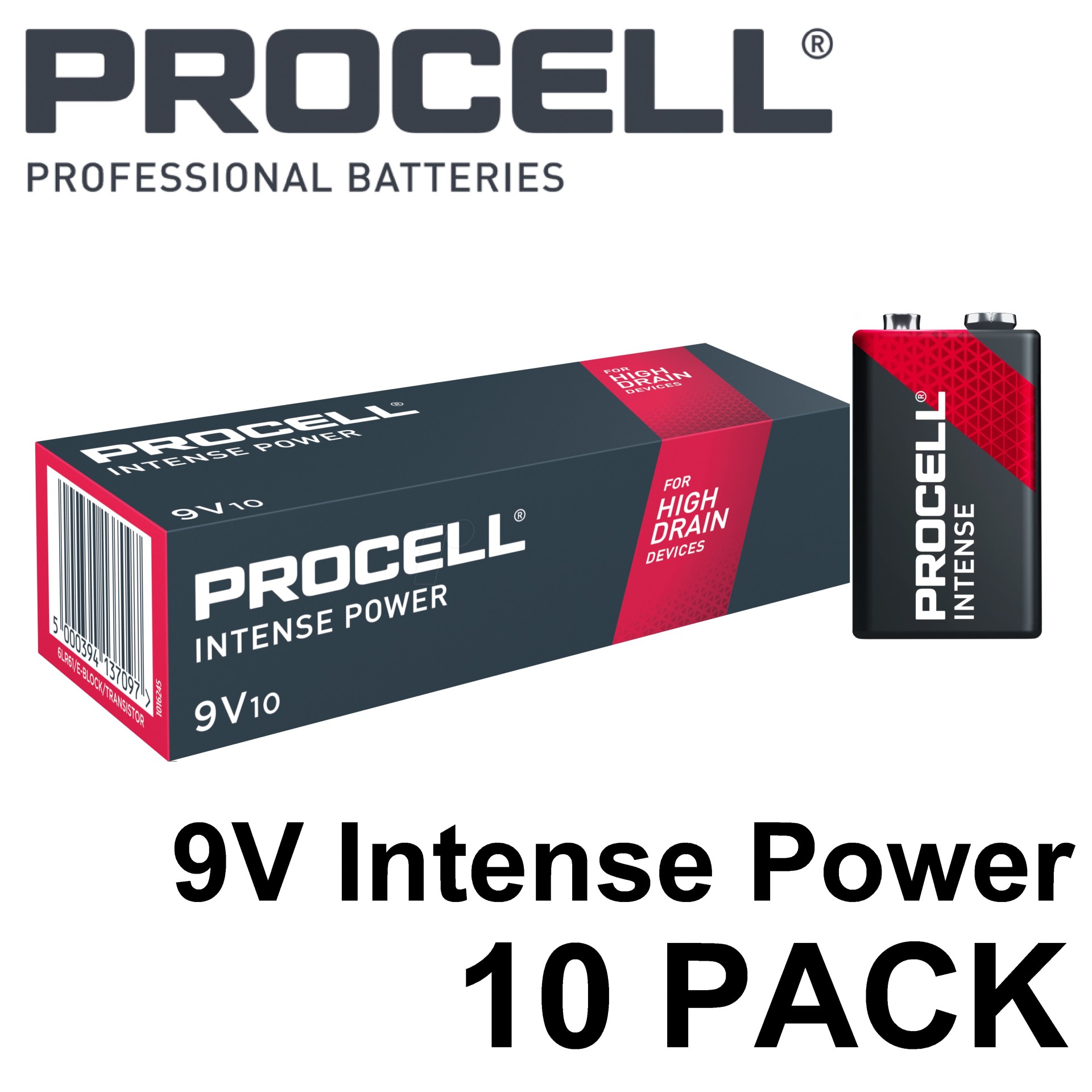 Procell 9v (10pcs) Intense Power Alkaline Battery Industrial Battery 