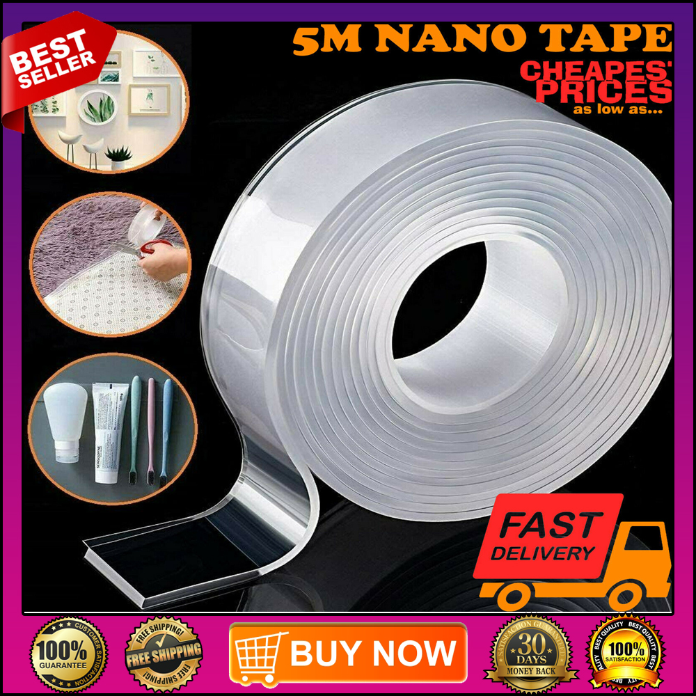 Original Nano Double Sided Tape Transparent Self Adhesive Tapes Traceless Was Reusable Adhesives Sellotape Strong Adhesive Clear Tape Heavy Duty Multipurpose Removable Sticky Wall Strips Transparent Gel Grip Mounting Washable Strong Heavy