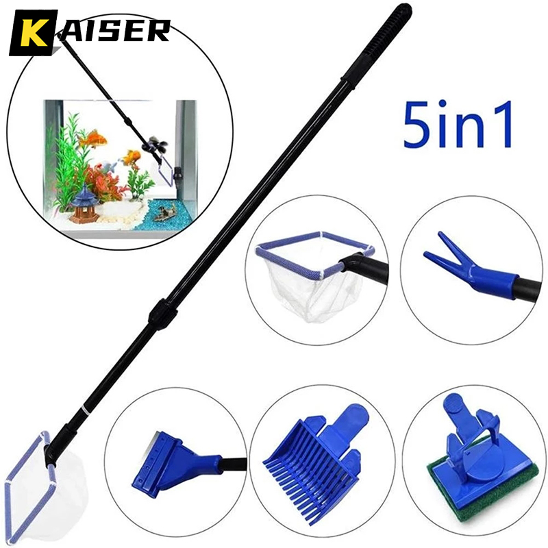 KAISER High Quality 5 in 1 Aquarium Cleaning Tools Durable Fish Net  Catcher, Sand Cleaner and Glass Cleaner Set 58cm Long Handle Fish Tank  Brush Multi-Function Fish Tank Cleaning Tool Aquarium Accessories
