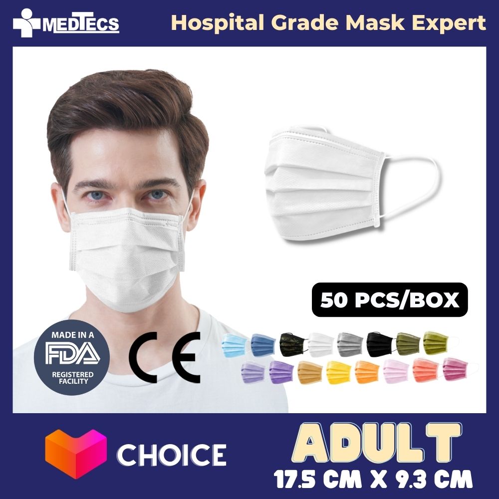 Medtecs White Color Medical Grade Face Mask 50pcs NonChina Surgical