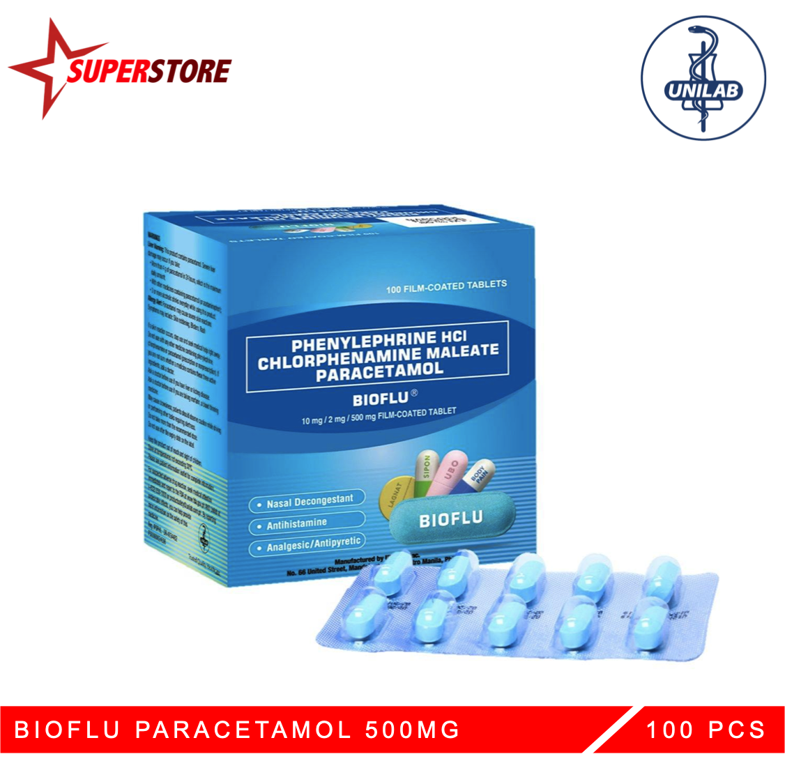 Bioflu 500mg (Relief of Headache & Fever ) 100 Tablets by Unilab