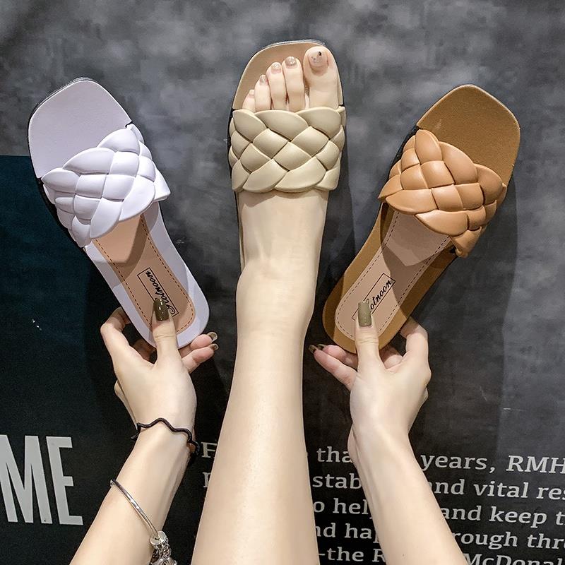 2021 Slippers Women Summer Square Toe Casual Flat Ladies