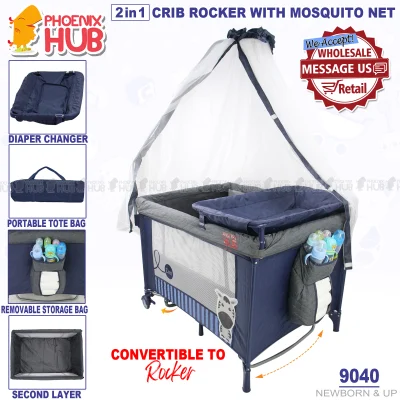 Phoenix Hub 9040 2 in 1 Infant Baby Rocker Crib Convertible to Rocker and Playpen Crib with Mosquito Net and Diaper Changing Table