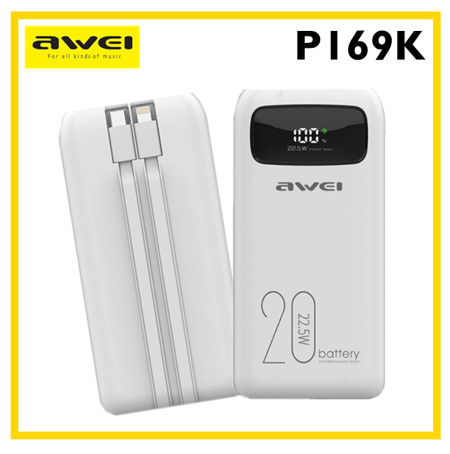 Awei P169k 20000mah Multi Functional Power Bank Type Cmicro Usb Dual Input With Built In Cable 0471