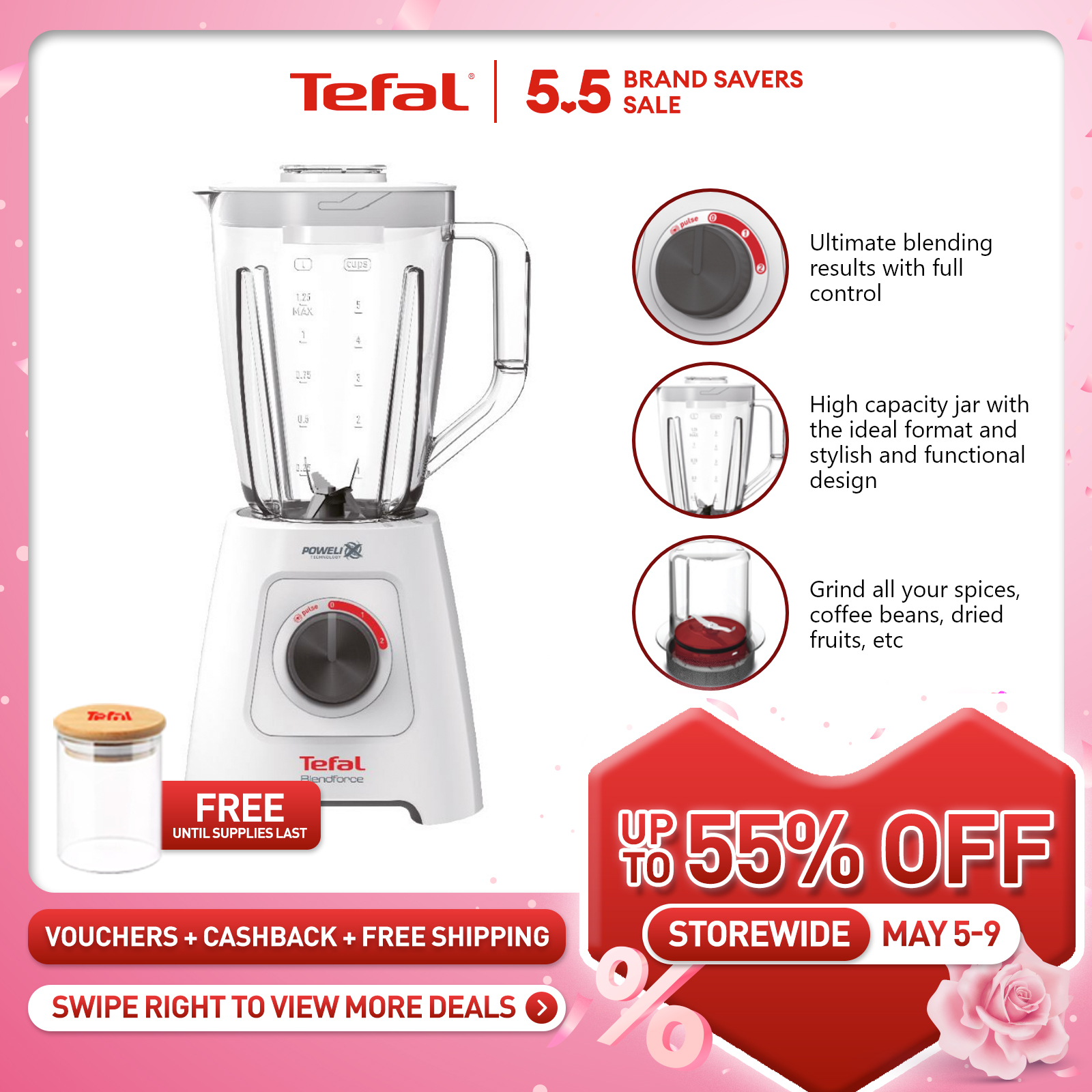 TEFAL Blendforce 2 Blender BL4271 (White) 1.25 Jar Capacity, Powelix