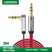 Ugreen 2Meter 3.5mm Auxiliary Audio Jack to Jack cable 90 Degree Right Angle for Apple Smartphones, Tablets and Speakers,24K Gold Plated Male to Male ,2M,Red-Intl