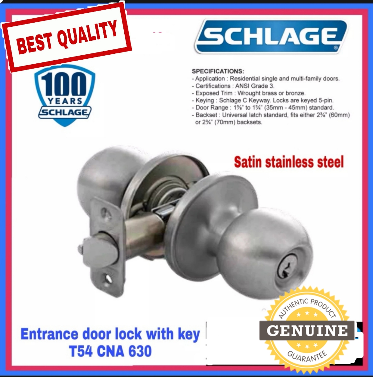 SCHLAGE DOOR KNOB LOCKSET TUBULAR SATIN STAINLESS Entrance with Keyed and  Bathroom Privacy Original