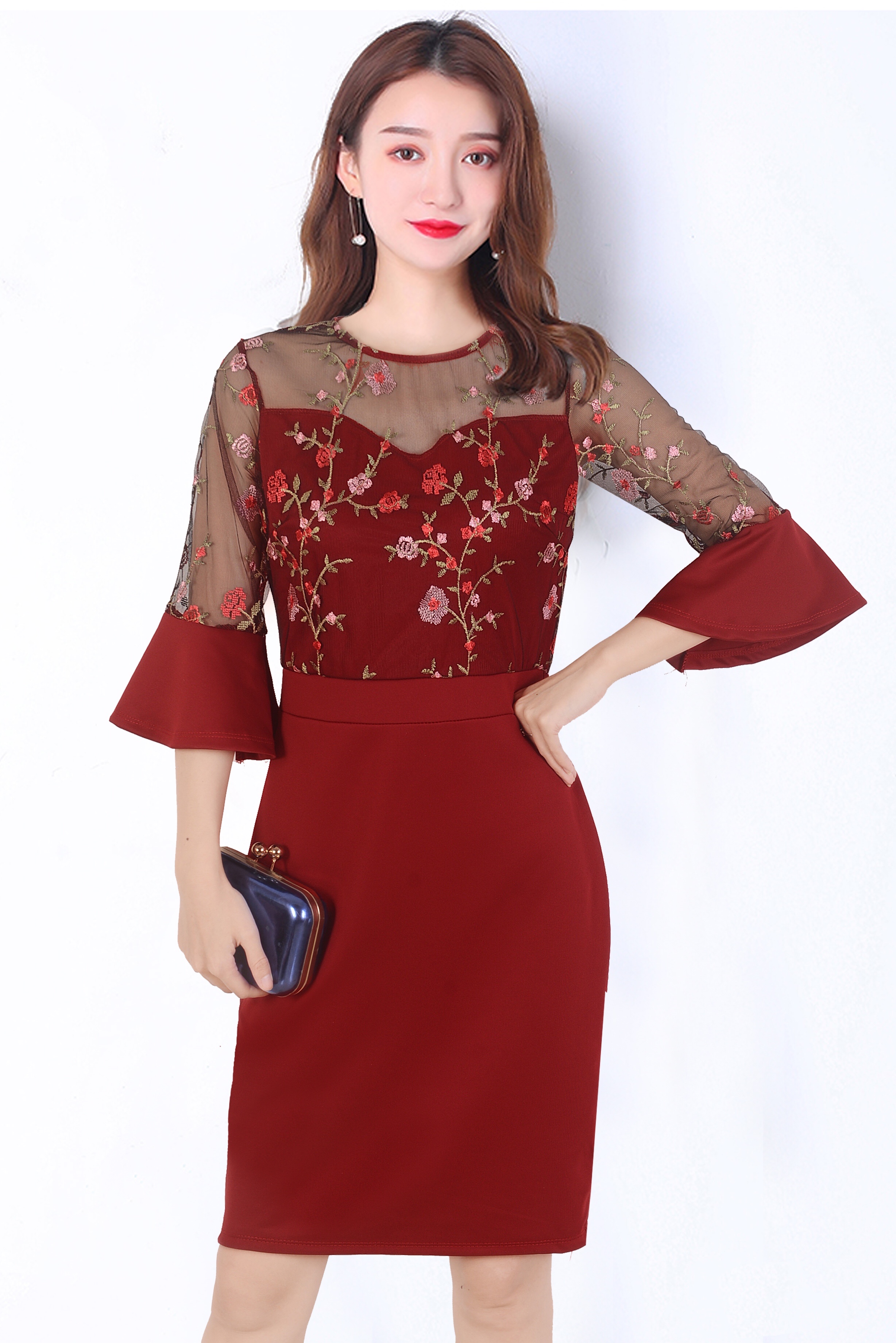 red lace bell sleeve dress