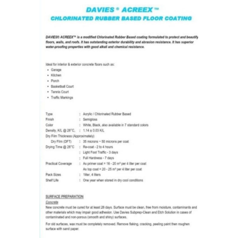 Acreex Floor Coating ACXC Topcoat Clear 1L Davies Chlorinated Rubber