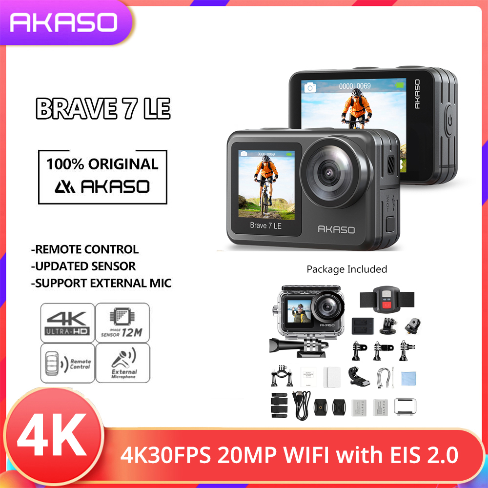 AKASO Brave 7 LE Action Cam 4K 30fps, 20MP, Doppio Schermo, EIS 2.0, Subacquea 40m, Con Telecomando E Batterie