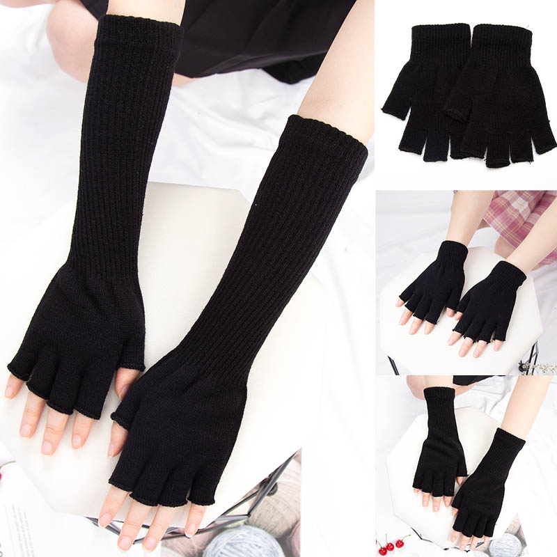 1Pair Black Half Finger Fingerless Gloves for Women and Men Wool Knit Wrist  Cotton Gloves Winter Warm Workout Gloves