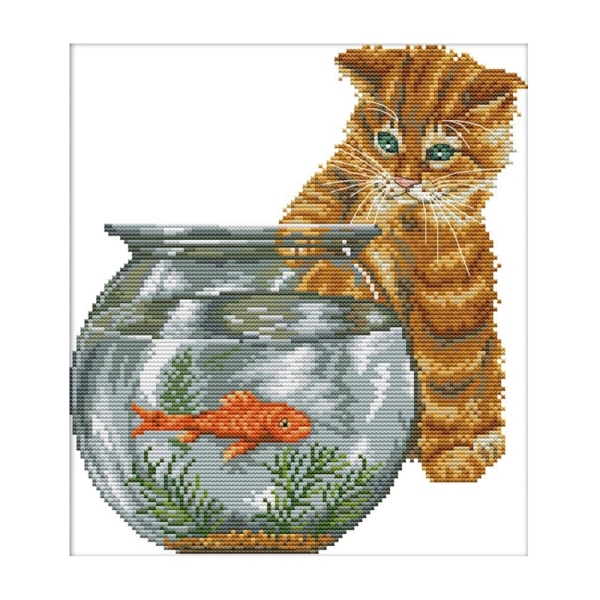 Embroidery Cross Stitch Kits Cat and Fish Stamped with Printed Pattern Starter Kit (Cat and Fish)