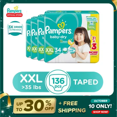Pampers Baby Dry Taped Diaper Extra Extra Large 34 x 4 packs (136 diapers) - (14-25kg)