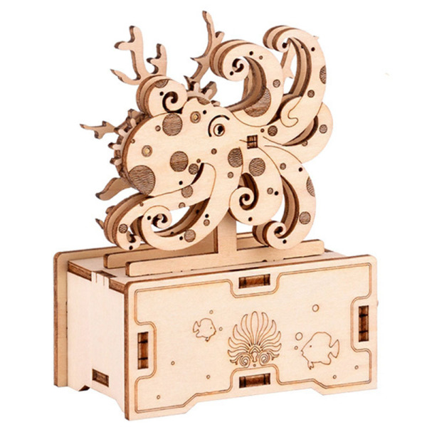 3D Puzzles Wooden Octopus Hand Crank Music Box Assembly Toy DIY Assembled Mode Model Building Block Kits Gift