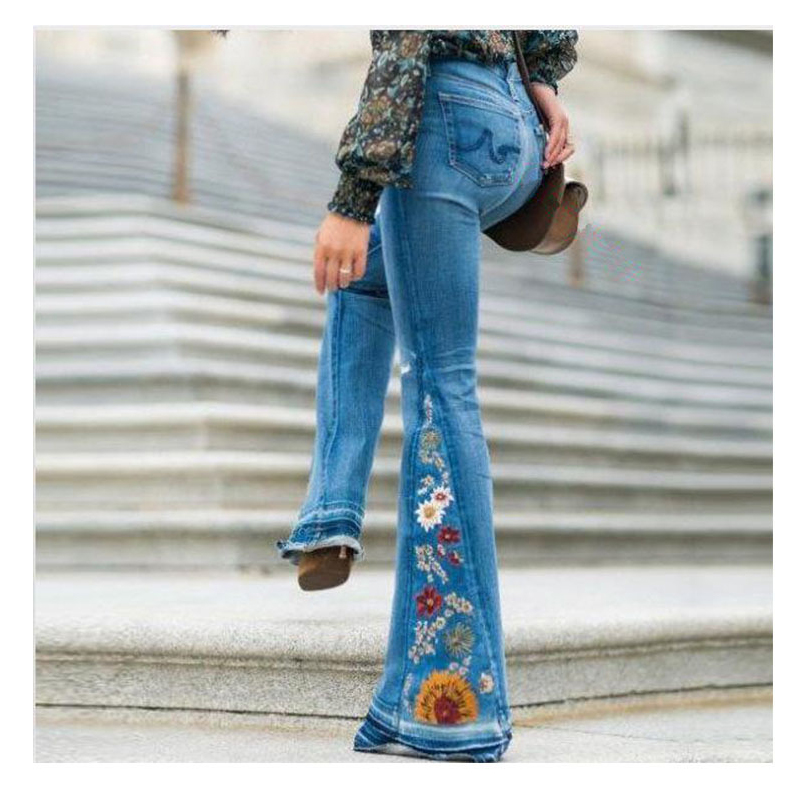 Embroidered Trousers Denim Bell Bottom 