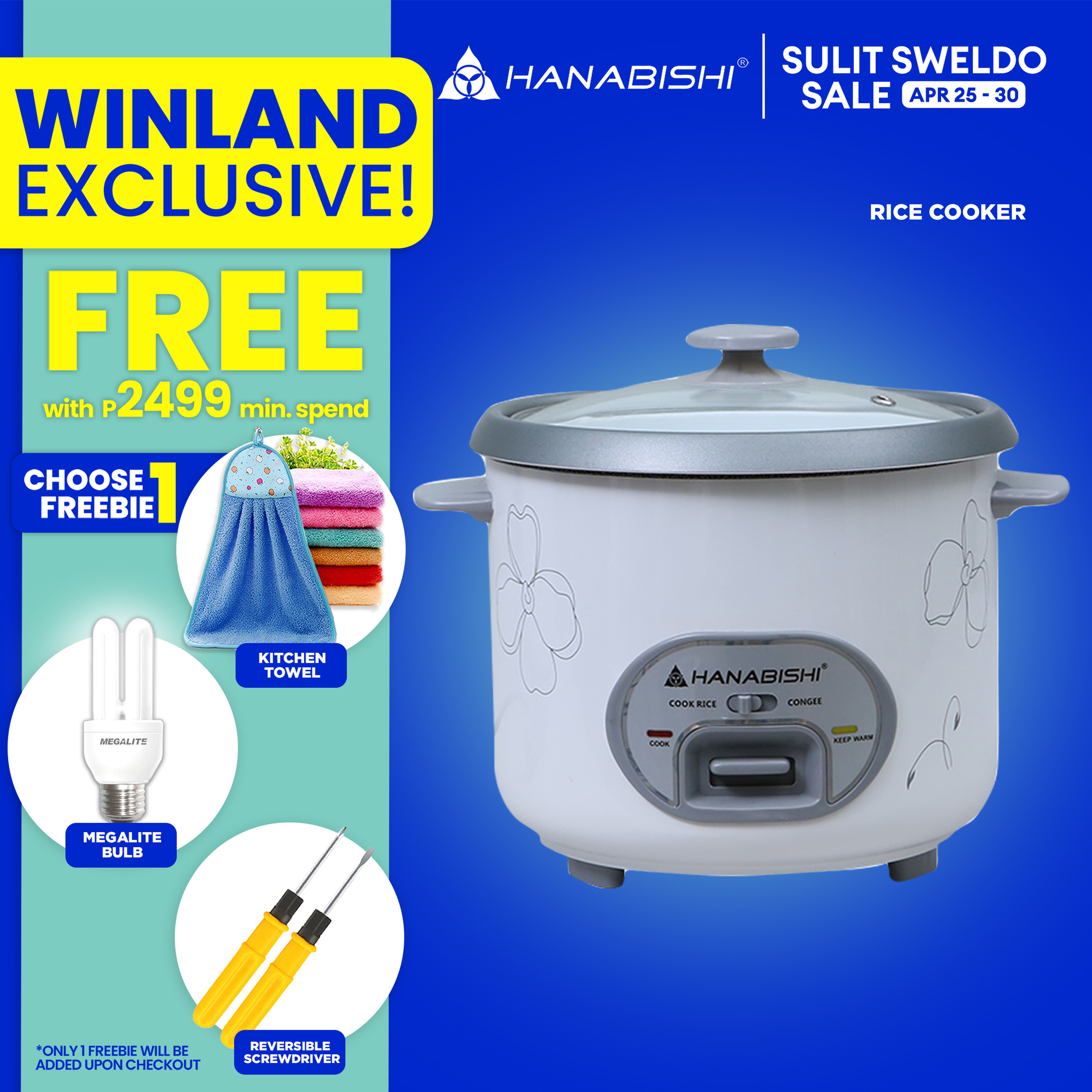 HANABISHI by Winland Rice Cooker 1.8L serves 10 cups Glass Cover w