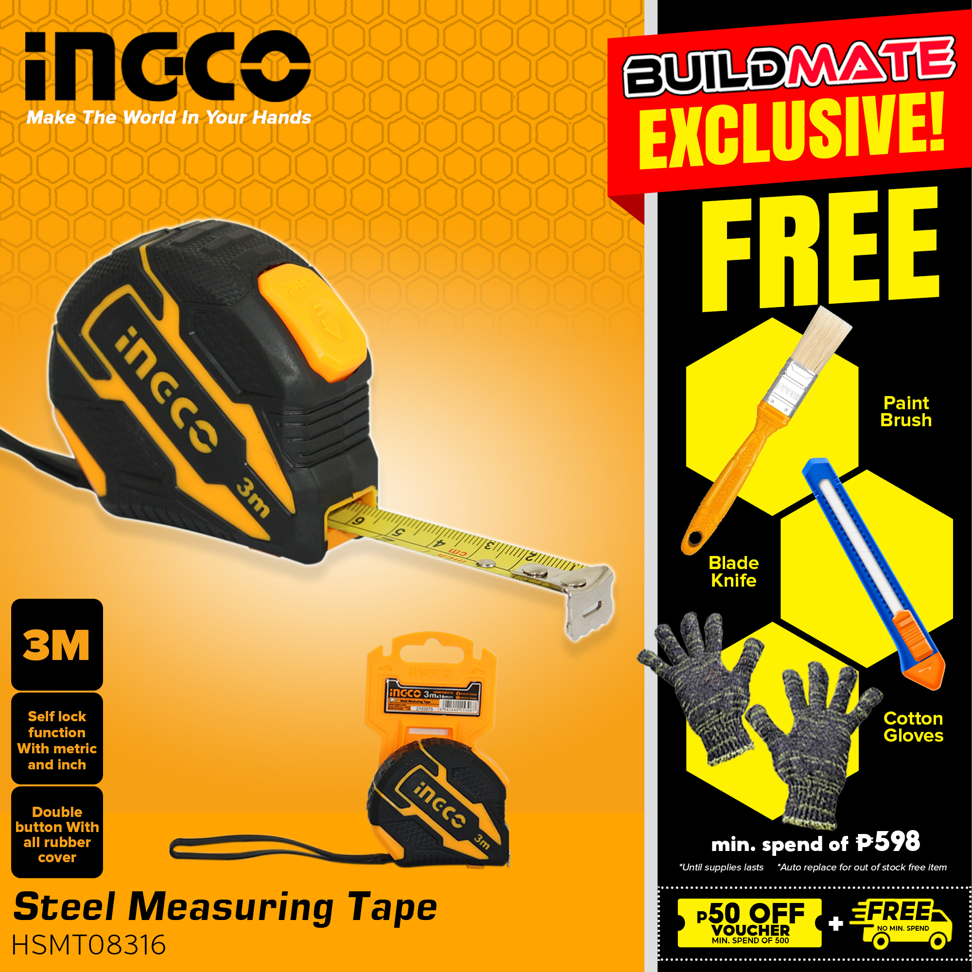 INGCO Self Locking Steel Measuring Tape Measure 3m 16mm Metric & Inch