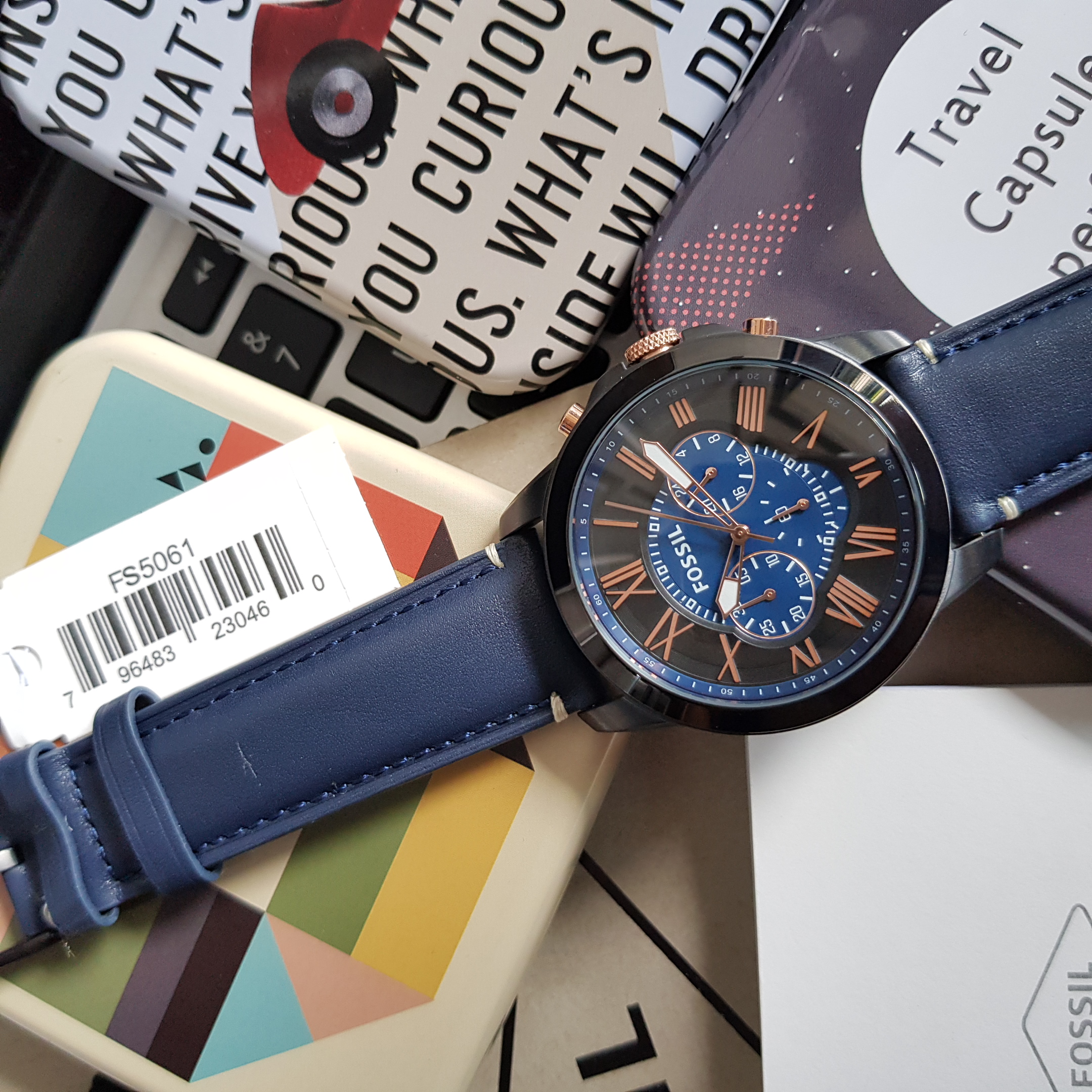Original Fossil Grant Chronograph Navy Blue Leather Men's Watch FS5061 ...