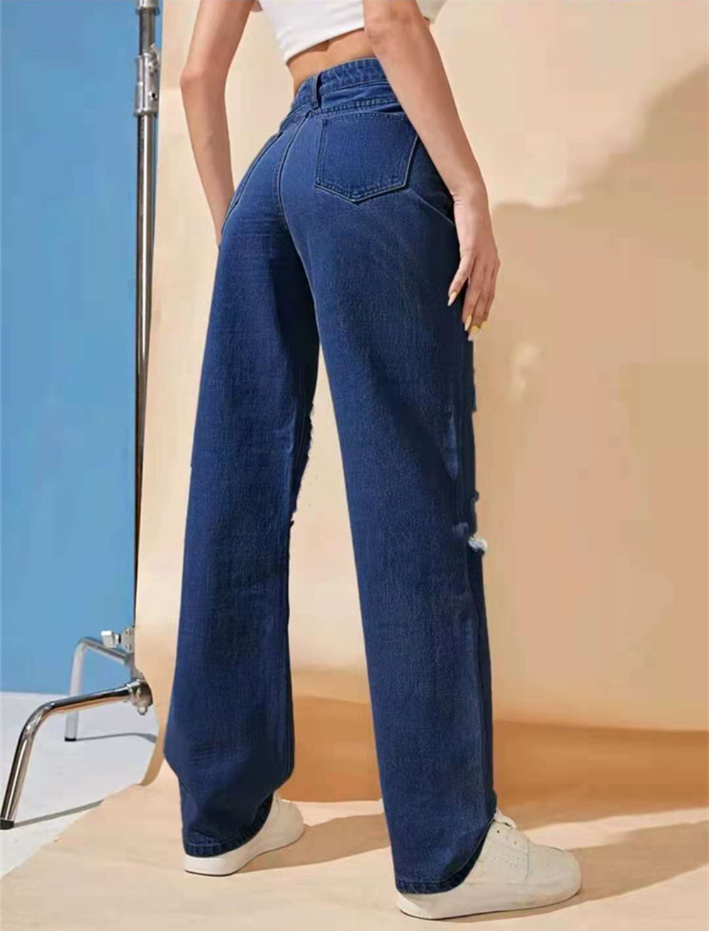 Lanka Casual New High Waist Ripped Knee Cut Wide Leg Jeans Your New