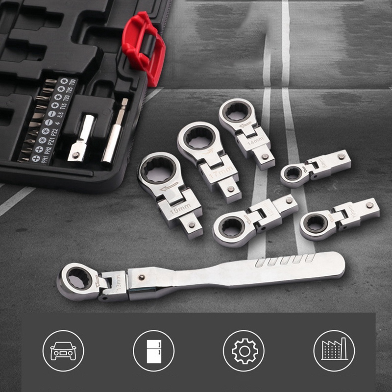 21 Pcs Shaking Head Interchangeable Ratchet Wrench Set 180° Rotating