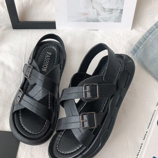 Harajuku Ulzzang Summer Platform Sandals Women Fashion Beach Casual Shoes 2022 Rome Gladiator Gothic Punk Black Leather Flats thumbnail